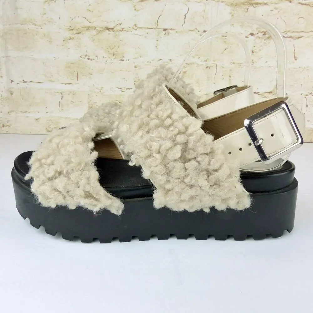 Urban Outfitters Sandal Womens 7 Beige Lexi Faux Sherpa Straps Platform Gorpcore - Picture 8 of 14